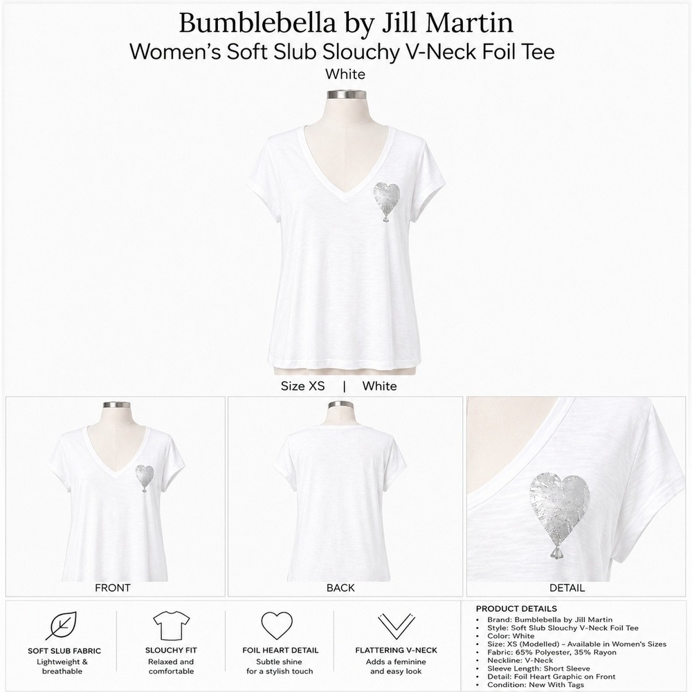 Bumblebella by Jill Martin Womens White Soft Slub Slouchy V-Neck Foil Tee XS NEW